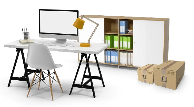 Een moderne witte werkruimte met een bureau, een iMac, een gele bureaulamp, een witte Eames-stijl stoel en een houten kast met groene en blauwe ordners.
